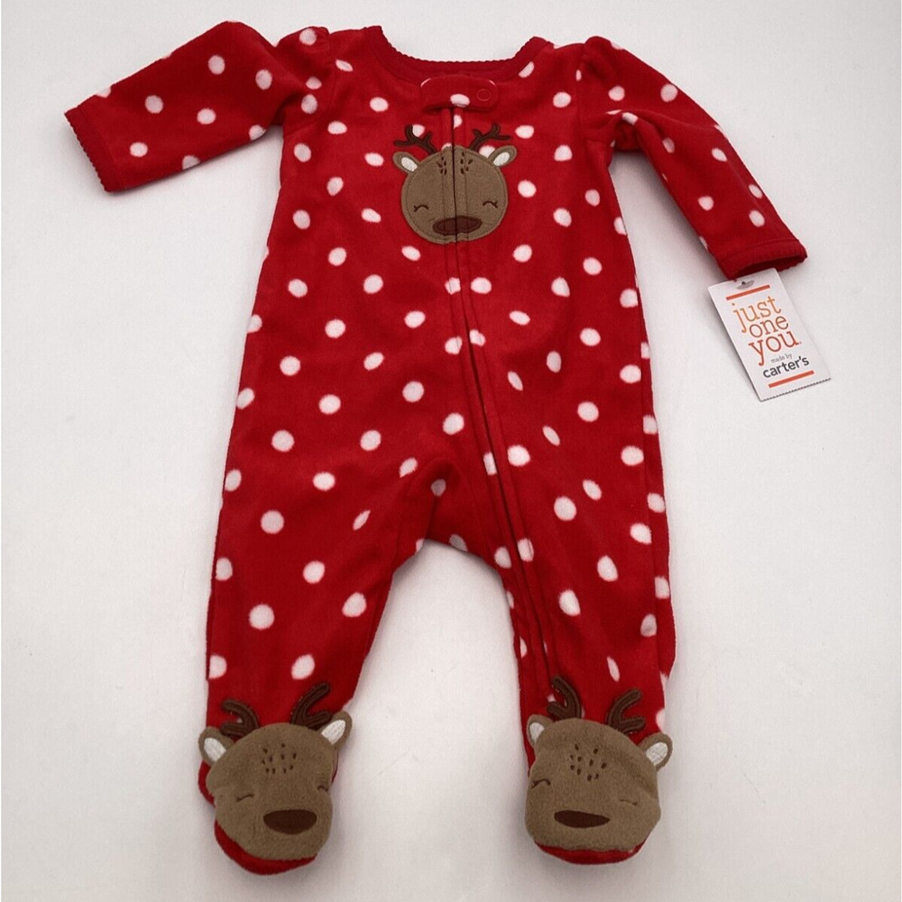 Carters Girls Red Polka Dot Fleece Reindeer Christmas Sleeper Pajama NEWBORN NEW